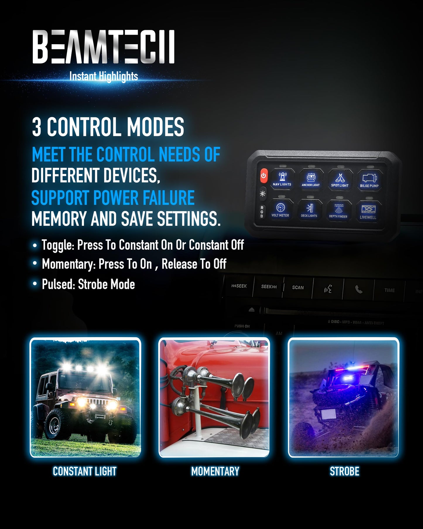 BEAMTECH 8 Gang Switch Panel, APP Remote Control RGB Toggle Momentary Pulsed Circuit Control Relay System Box Auxiliary Touch Control Switch LED Light Controller for Off Road ATV Car Truck
