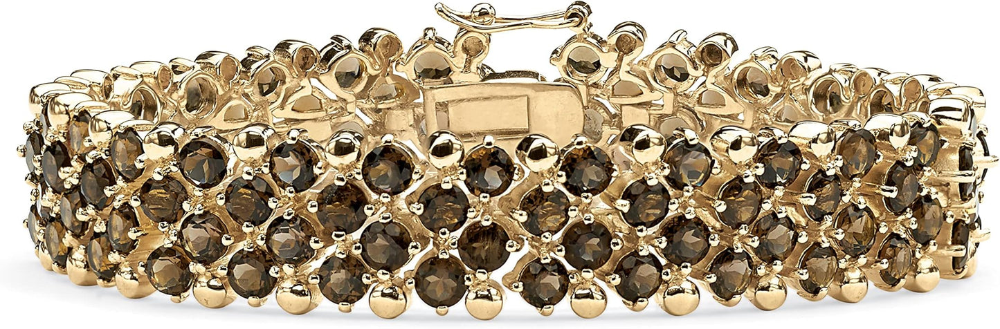 Palm Beach Jewelry PalmBeach Yellow Gold-plated Round Genuine Smoky Quartz, Tennis Bracelet (24mm), Hidden Box Clasp, 7.25...