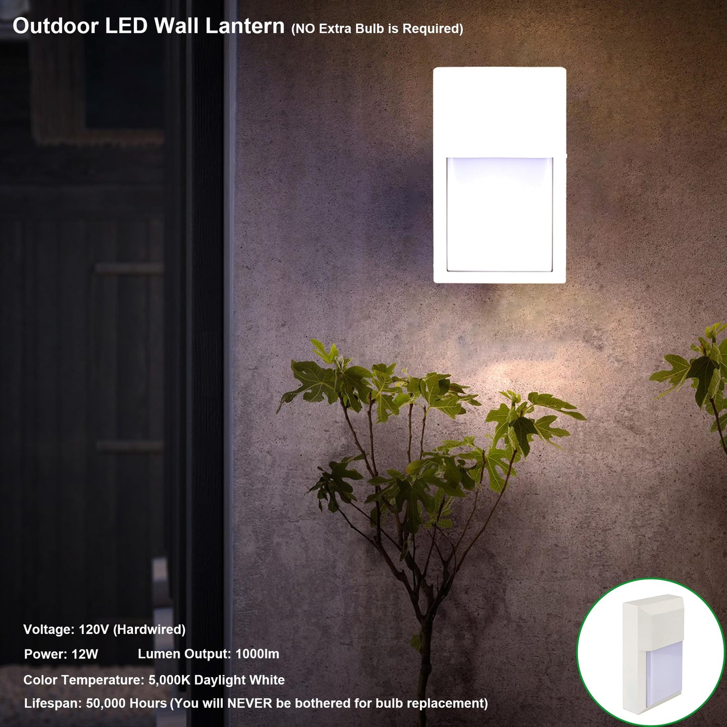 Lit-Path Outdoor Sconce Wall Light  Led Wall Lantern 5000K  Porch Lighting Fixture  12W 1000 Lumens  Aluminum Housing Plus Pc  White Finish  1-Pack