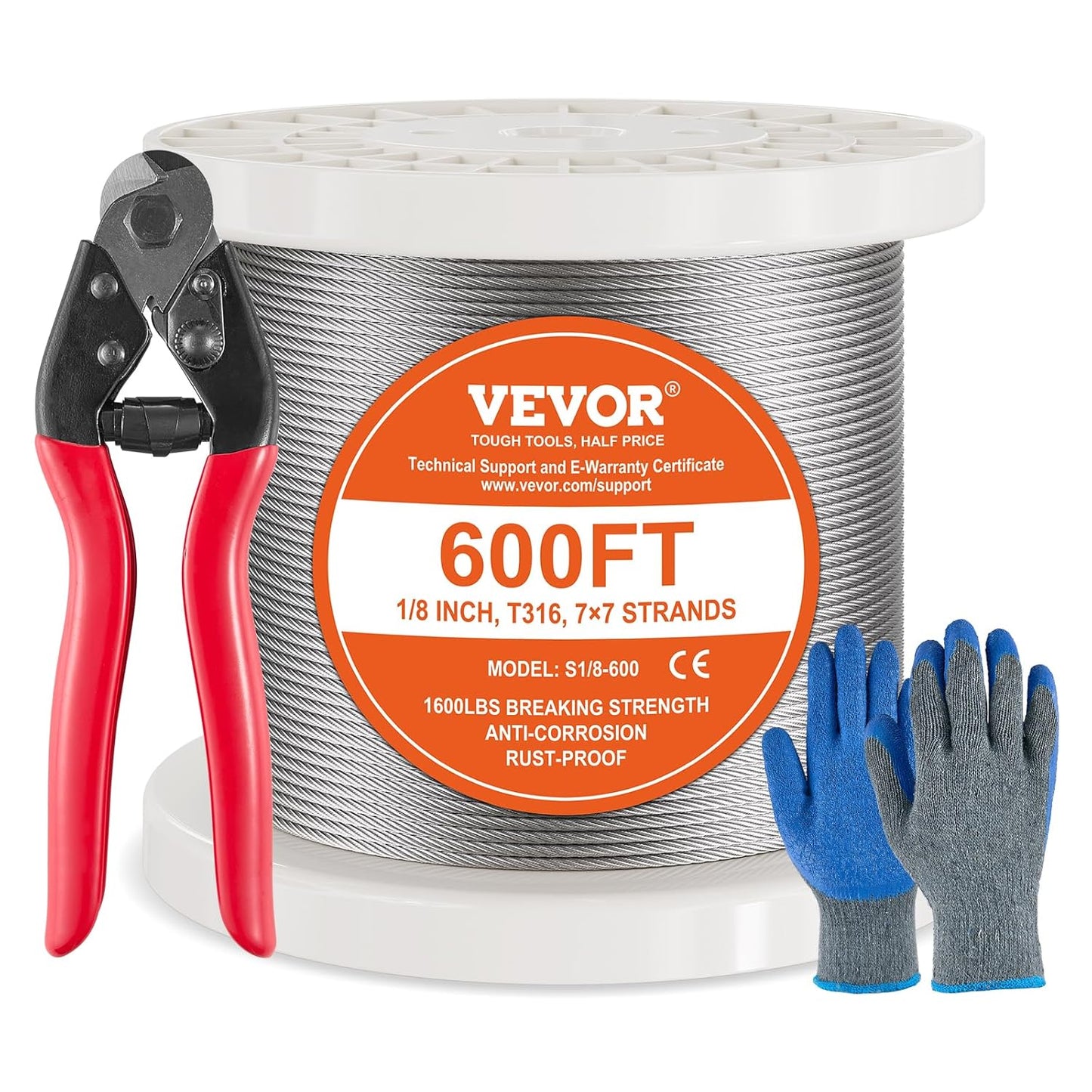 VEVOR 1/8 Stainless Steel Cable Railing Kit, 600 FT 316 Marine Aircraft Cable With Cutter and Gloves, 1600 lbs Breaking Strength, 7x7 Strands for Handrail Stair Decking Fence Outdoors