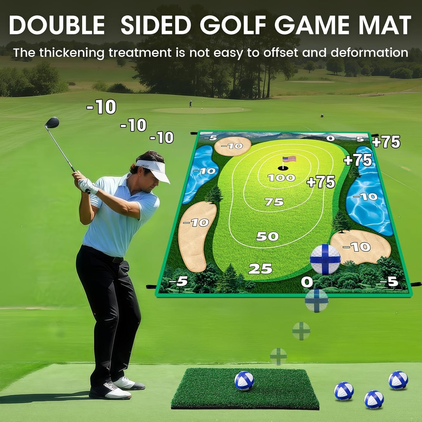 Golf Chipping Game 70"x70" Double Sided Golf Game Practice Mat Kits with 20 Sticky Balls, 1 Portable Storage Bag Starting Games Anytime, Ideal Birthdays for Kids Adults(No Club)