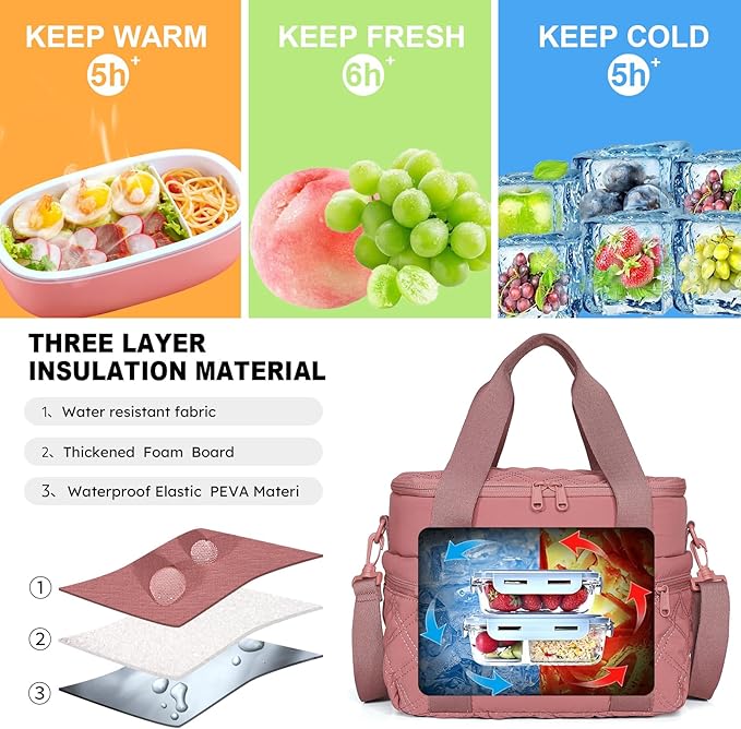 NOL Natural Organic Lifestyle Women's Nylon Lunch Cooler Cute Quilted Lunch Bag Large Leakproof Insulated Lunch Tote Bag for Work Picnic Travel,Dark Pink
