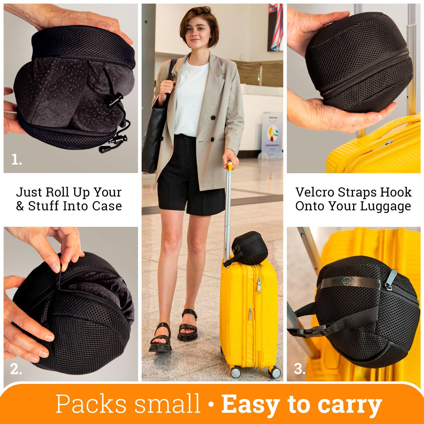Aeris Memory Foam Travel Pillow for Airplanes - Best Airplane Neck Pillow for Long Flights - Plane Accessories Carry Bag to Save Space, Ear Plugs and Eye Mask - Perfect Flight Set & Gift
