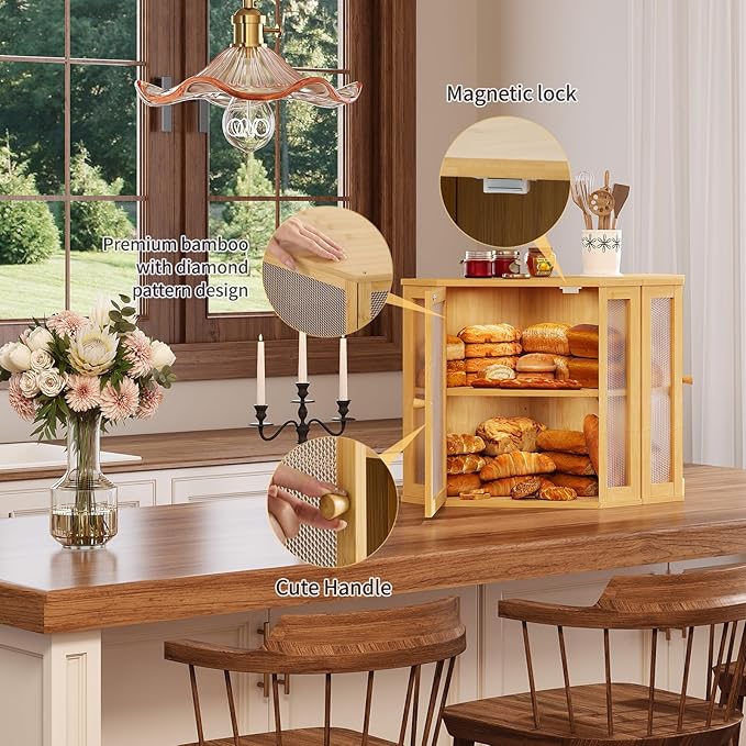 Corner Bread Box for Kitchen Countertop,Bread Storage for Homemade Bread, Double Layer Large Bamboo Kitchen Storage Bin with Window (Natural, Large)