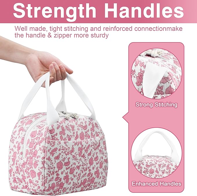 Lunch Bag - Insulated Lunch Box for Women, Reusable Large Capacity Cooler Bag for Adult, Small Leakproof Cute Corduroy Lunch Tote for Work Office Travel Picnic (Corduroy Rose Red-Flower)