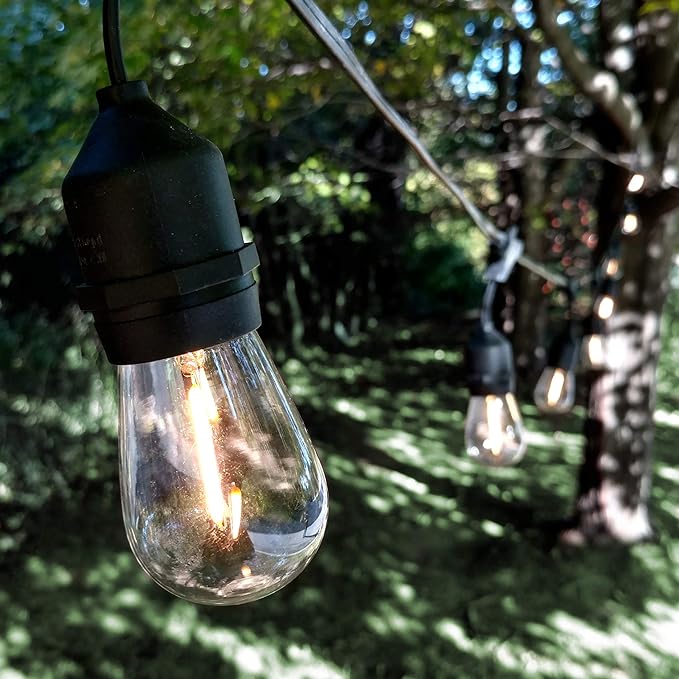 Hometown Evolution, Inc. 50 Foot E26 LED Outdoor Commercial String Lights with 25 Suspended Sockets and S14 LED Filament 1 Watt Bulbs