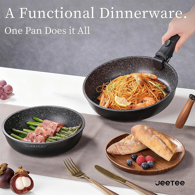 JEETEE Pots and Pans Set Non Stick 17pcs, Kitchen Cookware Sets with Detachable Handle, Induction Nonstick Cookware Set with Removable Handle, Stackable RV Cookware, Oven Safe, PFAS/PFOA Free, Black