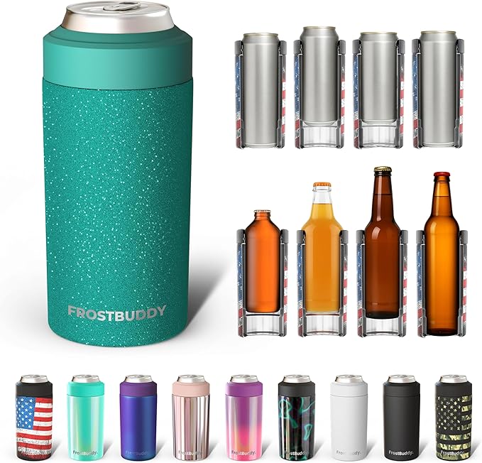 Frost Buddy Universal Can Cooler - Fits all - Stainless Steel Can Cooler for 12 oz & 16 oz Regular or Slim Cans & Bottles - Stainless Steel (Teal Glitz)