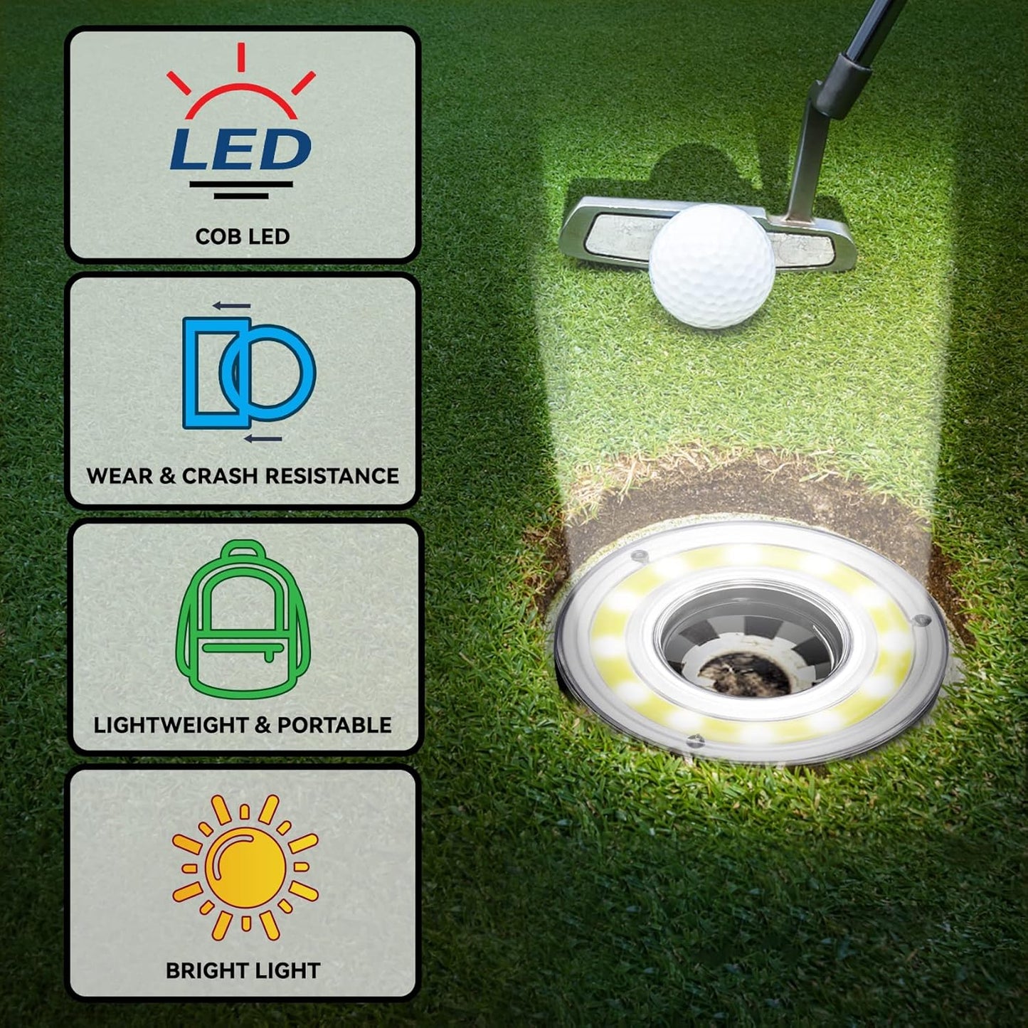 Golf Hole Lights 5 Pack - Led Light with Carabiner, Light Up Glow Hole for Night Play, Luminous Glow Golf Cup Lights for Putting Green Flags and Poles