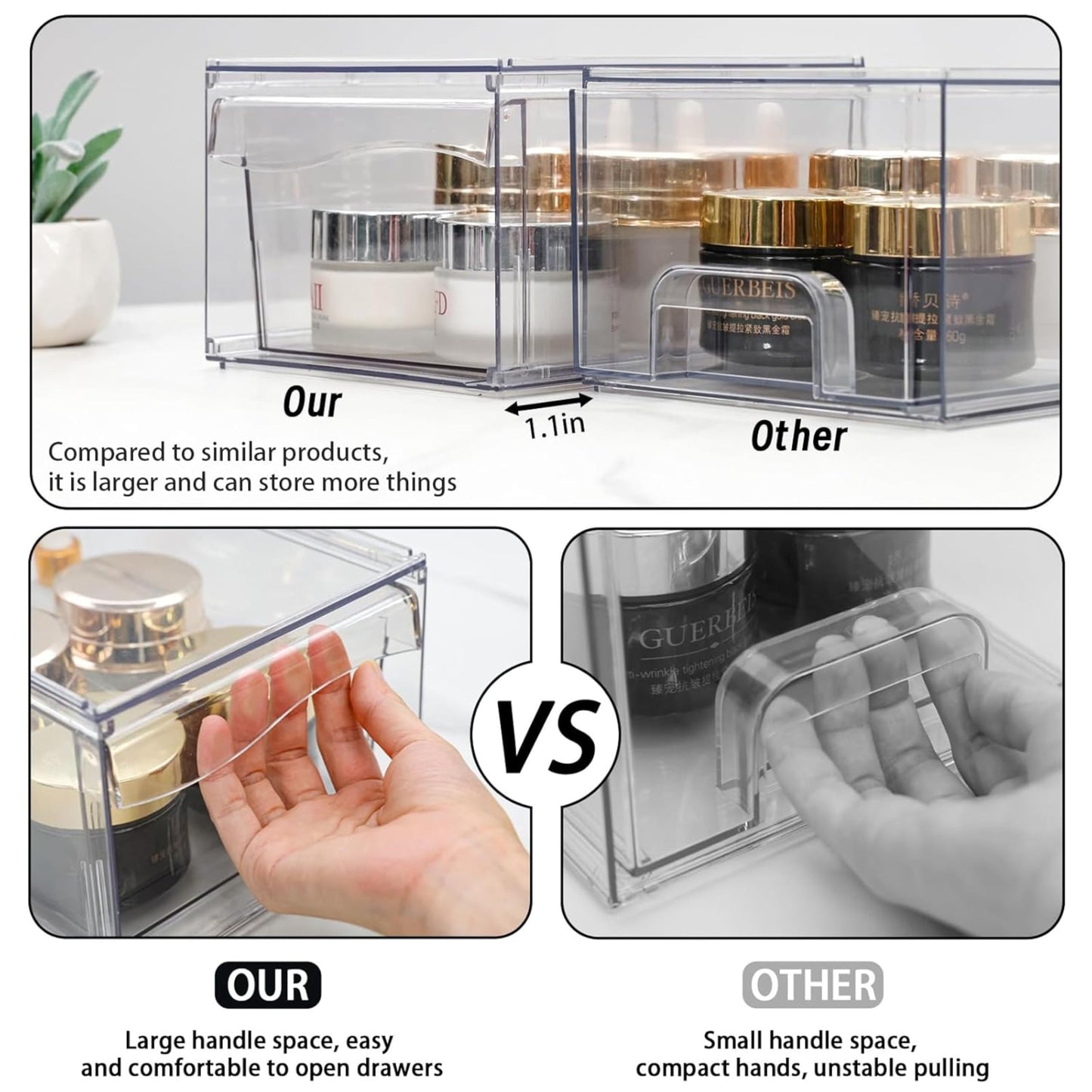 2 Pack Clear Stackable Storage Drawers,12 W Large Bathroom Makeup Organizer and Pen,Sunglass,Medicine,Baby Bottle Organizer,Plas