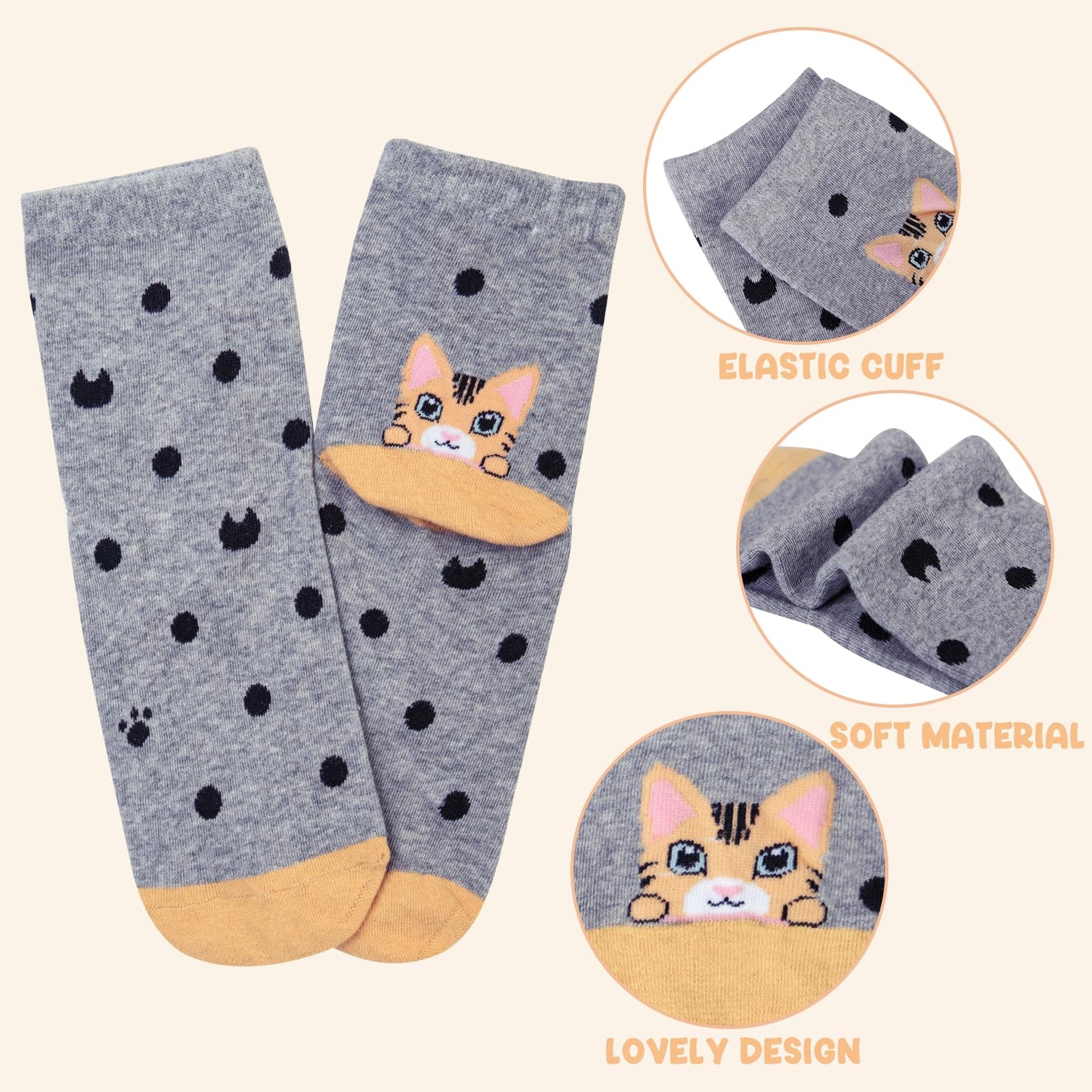 Cute Womens Dog Cat Novelty Animal Socks for girl Cartoon Cotton Casual Crew Funny Socks 5 Pairs, Cat style 2