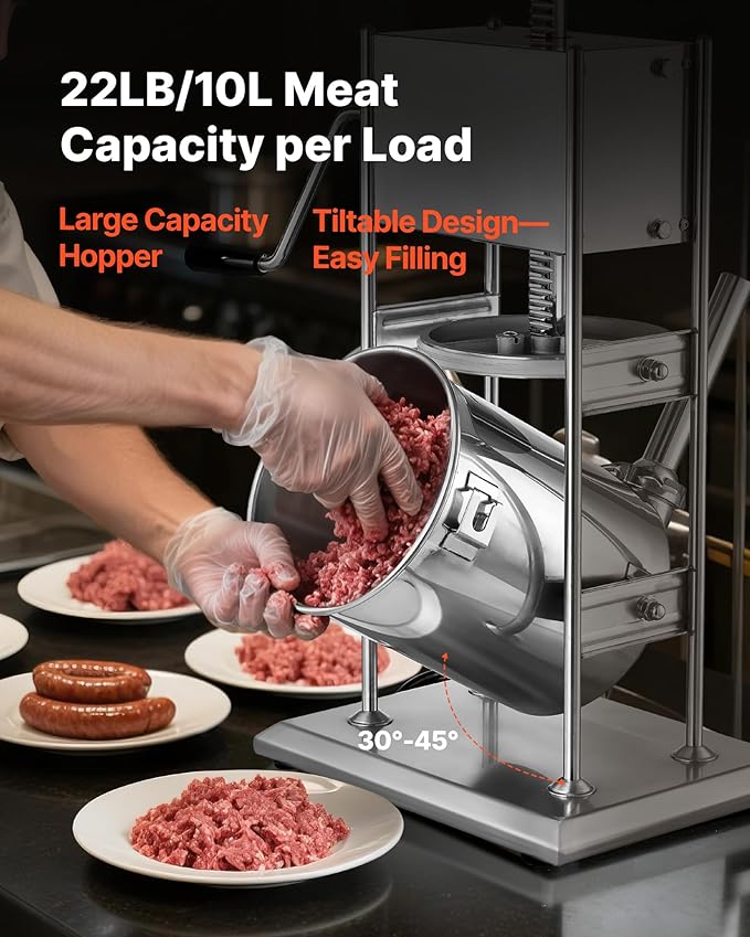 VEVOR Manual Sausage Stuffer, 22 LBS / 10 L Vertical Meat Stuffer, Dual-Speed Sausage Casing Meat Filling Machine, Stainless Steel Heavy Duty Filler with 5 Stuffing Tubes, for Commercial & Home Use