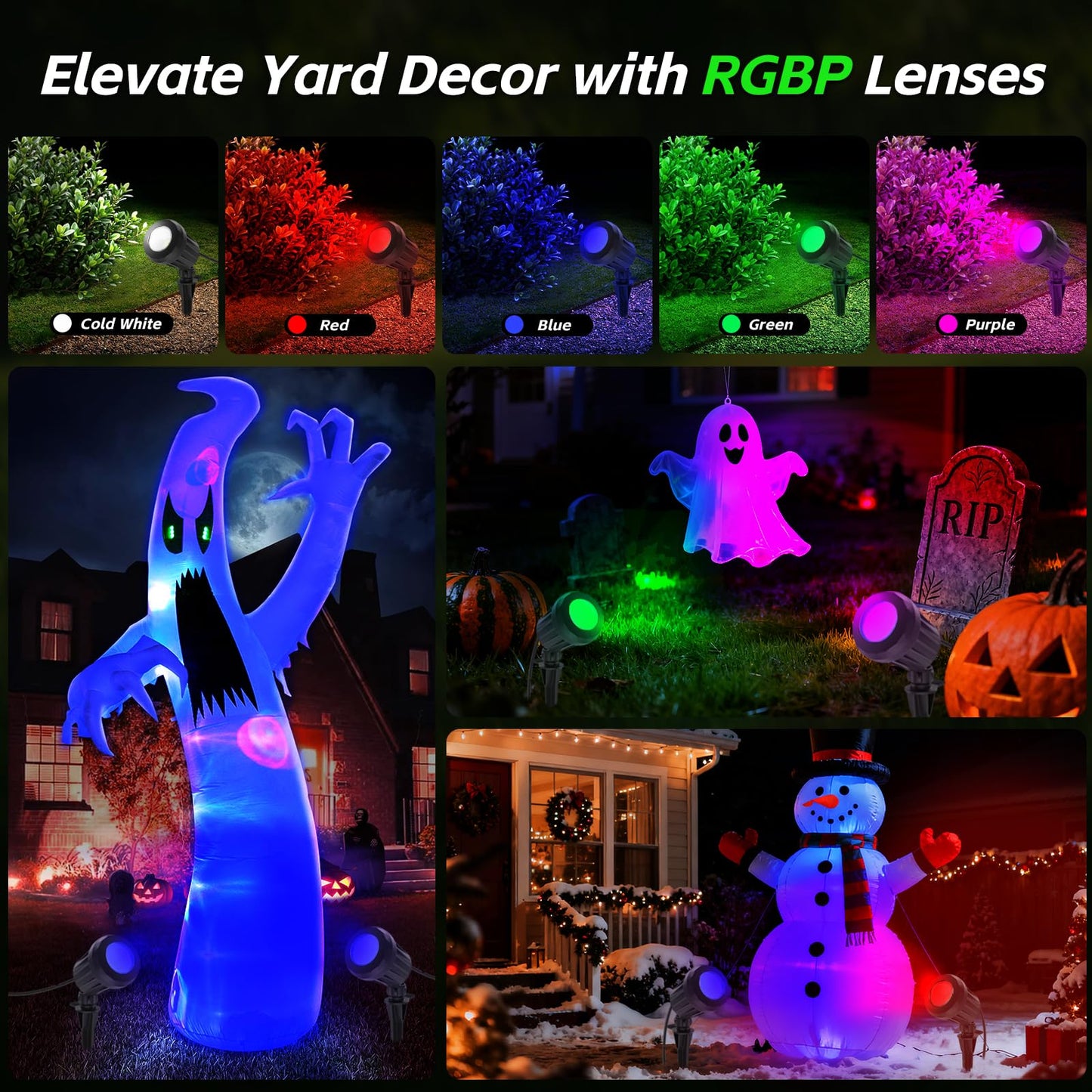 Holeva Halloween & Christmas Outdoor Spotlight  6500K Cool White Led Landscape Lighting With 4 Lenses (Rgb Purple)  Ip67 Waterproof  120V Plug-In For Yard  Garden Tree Holiday Decor(1 Pack  Black)
