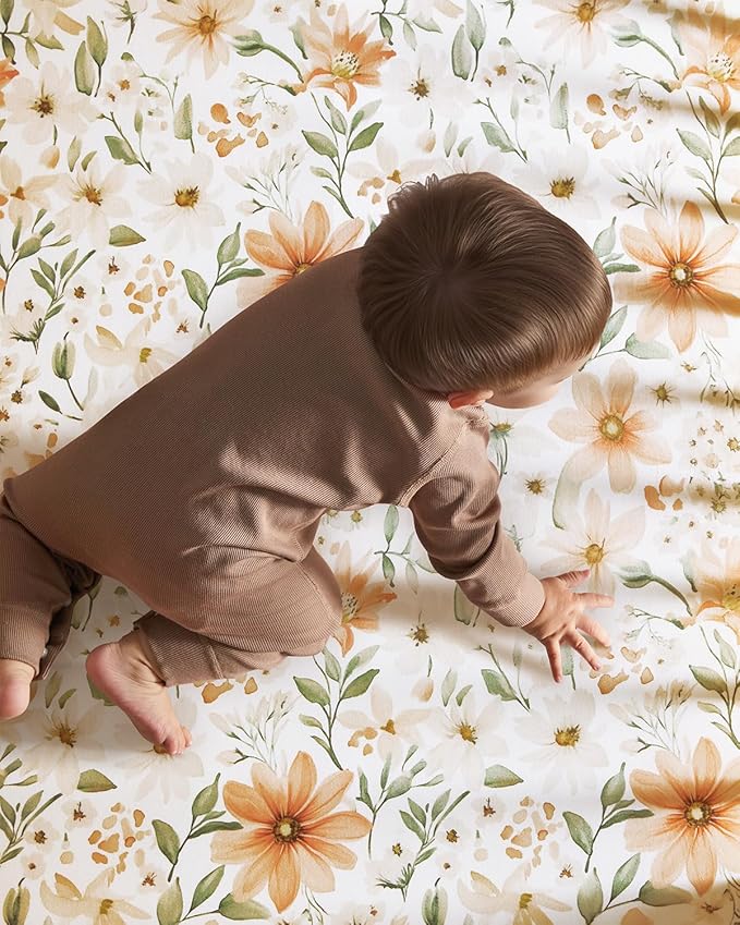Pack and Play Sheets Fitted 3 Pack, Mini Crib Sheets for Pack N Play Mattress Stretchy Portable Playard Sheets, Soft Breathable Orange Flowers & Plaid