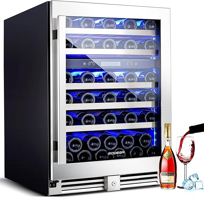 BODEGA 24 Inch Wine Cooler,56 Bottle Wine Refrigerator Dual Zone, Built-In and Freestanding Wine Fridge,with Quick and Silent Cooling System for Red, Rose and Sparkling Wines,Stylish Look