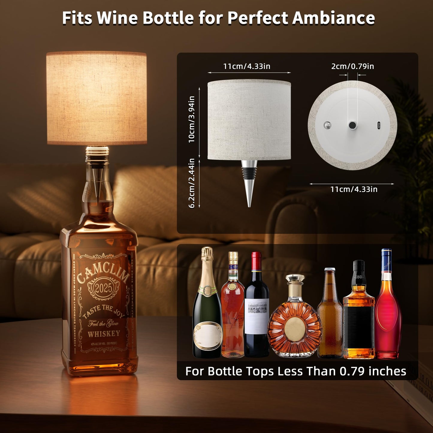 CAMCLIM Wireless Wine Bottle Lamp Shade - Dimmable LED, Rechargeable, Portable, Cylindrical, Model DX0041
