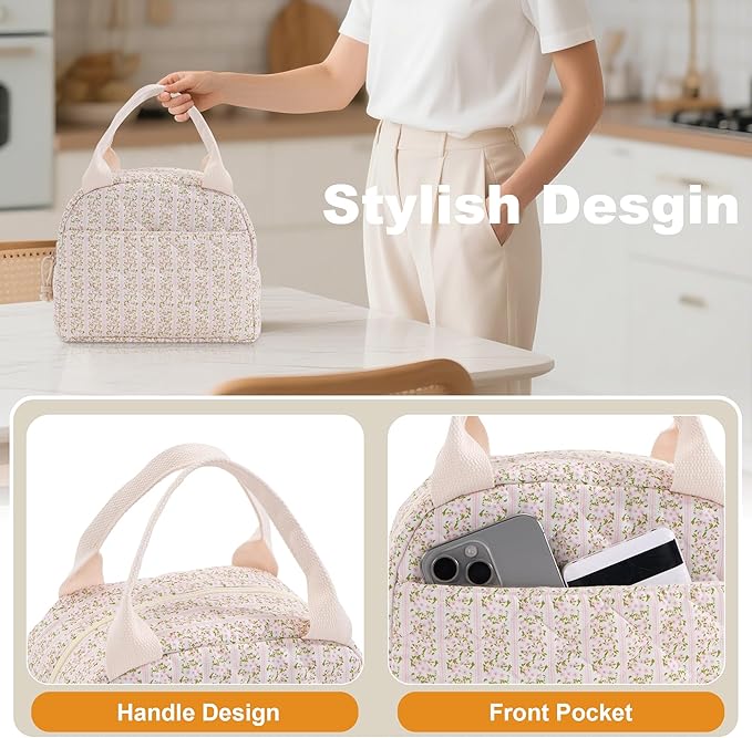 Lunch Bag for Women Insulated Lunch Box Reusable Cooler Bag Portable Cute Floral Quilted Cotton Bag Leakproof Tote Bags for Travel, Work, and Picnic, Stripe and Flower