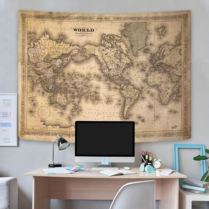 GOAOK Retro Old World Map, Vintage Map Asian Northern European Topography Earth Educational Tapestry for Classroom, Brown Adventure Travel World Map Office Wall Art 40"X30