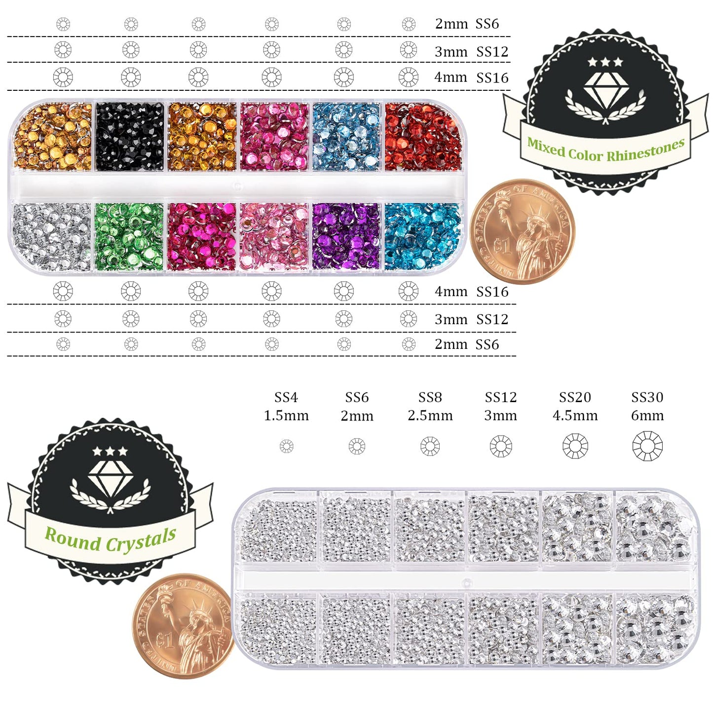 Two Packs of Flatback Rhinestones 4520 Pcs Colorful Nail Art Rhinestones Flatback Crystal Colorful+Transparent White Rhinestone