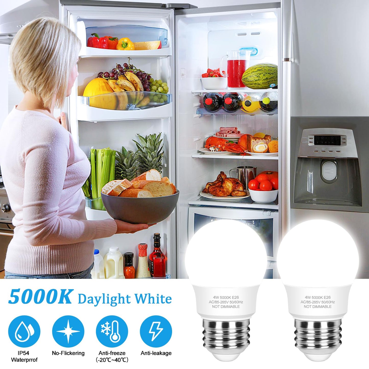 3-Pack A15 Refrigerator Light Bulb 40W Equivalent  120V Fridge Waterproof Led Bulbs 4W Daylight White 5000K  E26 Base Freezer Home Lighting  Non-Dimmable