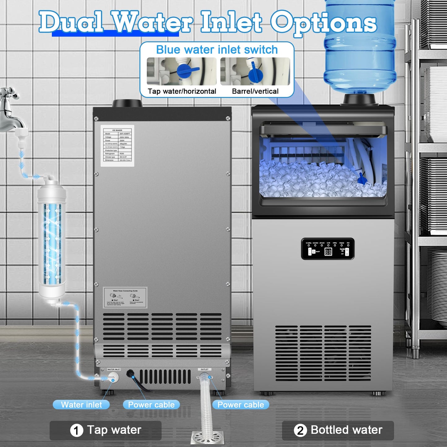 Commercial Ice Maker Machine 120lbs/24H with 22lbs Storage, Stainless Steel Freestanding Ice Machine 45Ice/Cycle 2 Water Inlet Modes, Self-Cleaning Function for Homes Bars Restaurants