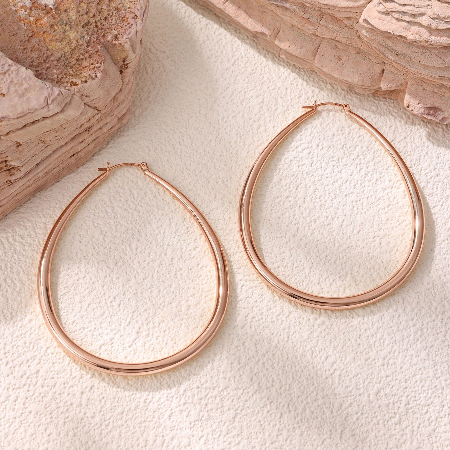 Gacimy Rose Gold Chunky Hoop Earrings for Women, 14K Rose Gold Plated Oval Hoop Big Earrings with 925 Sterling Silver Post, 70mm