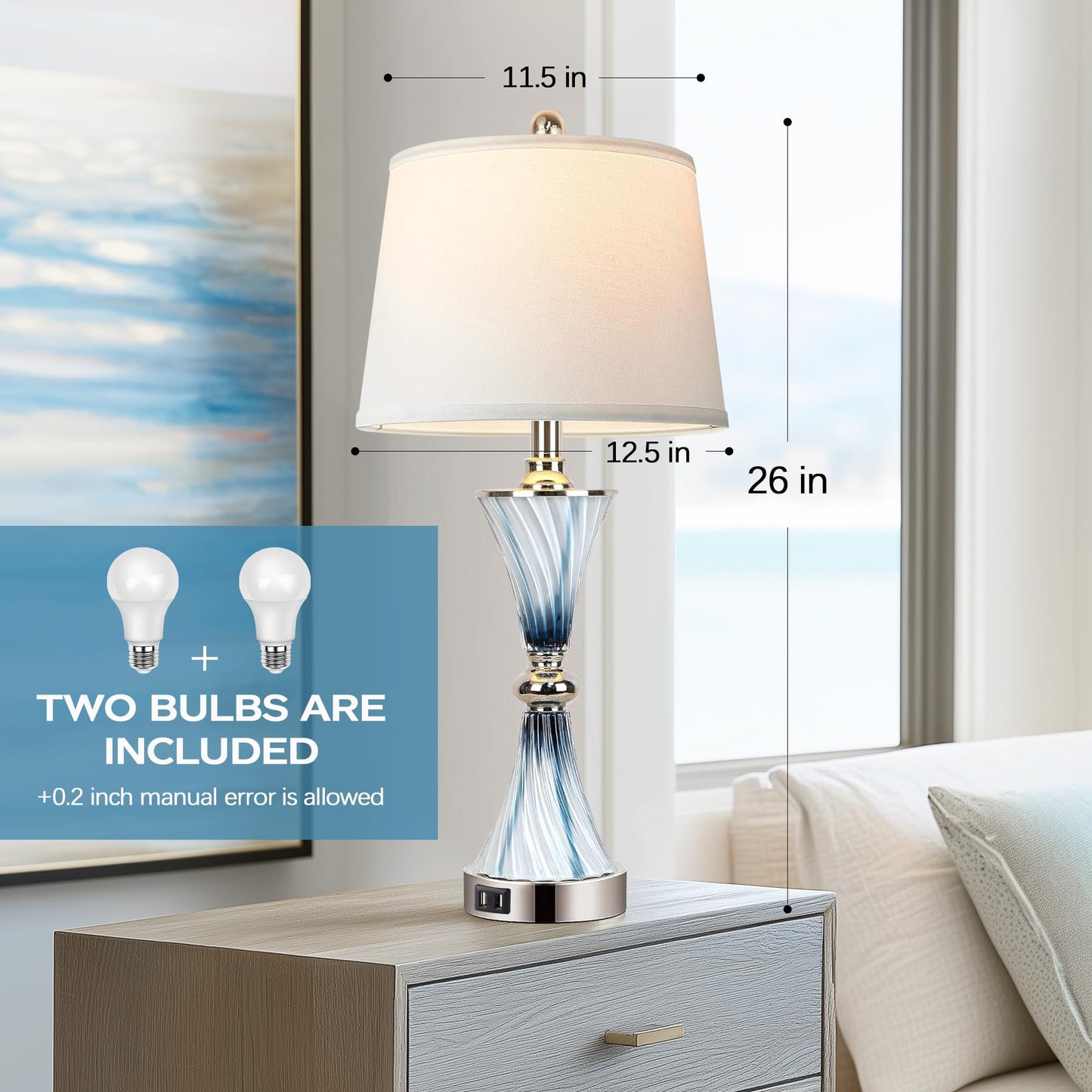 Hamucd 3-Way Dimmable Touch Glass Table Lamps For Bedrooms With 2 Usb Ports Set Of 2 Coastal Beach Bedside Lamps For Contemporary Modern Night Stand Lamps With 2 Led Bulbs For Lighting Decor