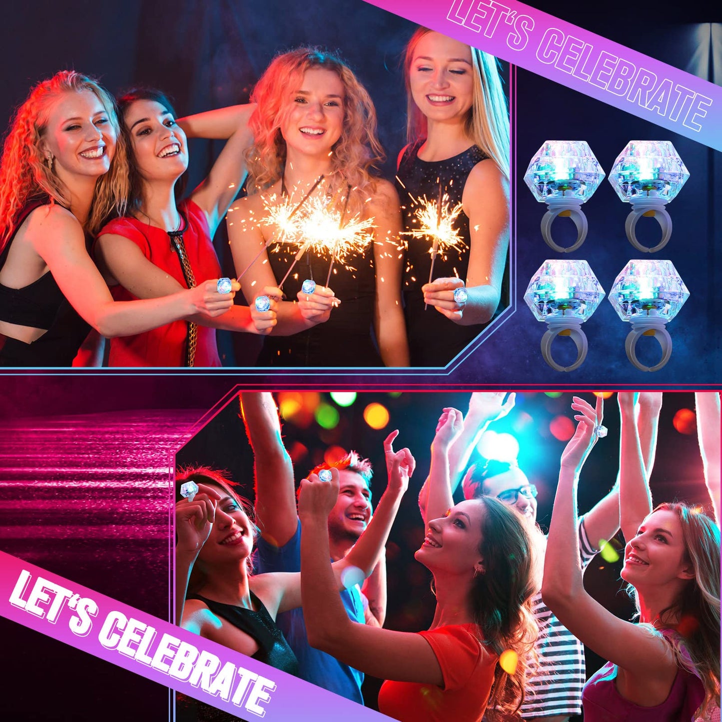 Vicenpal 50 Pack Flashing LED Light up Rings Operation Christmas Bachelorette Party Decorations Plastic Glow Toy Rings for Brida