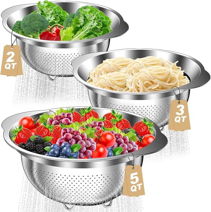 Colander, Stainless Steel Colander for Kitchen, 3Pcs Kitchen Gadget Food Strainer Basket with Handle, Kitchen Strainer Colanders Bowl for Pasta Noodles Spaghetti Vegetables Fruit (1QT, 2QT, 5QT)