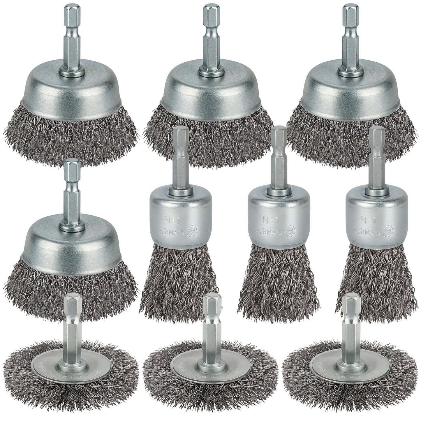 WENORA 10 Pcs Wire Brush for Drill, Coarse Carbon Steel Crimping Wire Wheel Brush, 1/4 Inch Hex Shank, Wire Cup Brush Drill Bit for Cleaning Rust, Stripping and Abrasive