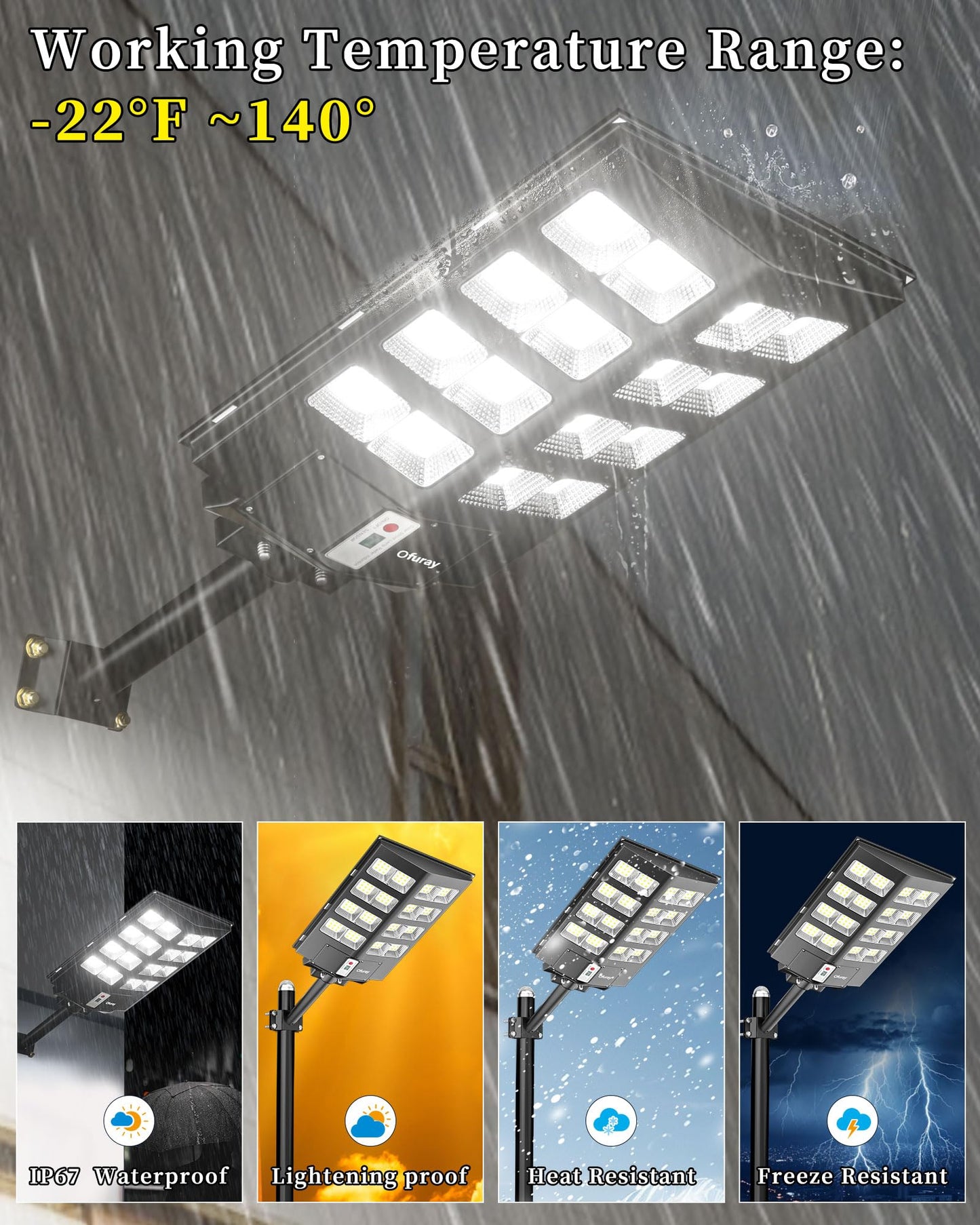 Ofuray Of-800W Solar Street Lights, 80000LM, Dusk to Dawn, Waterproof LED, Remote Control, Black, 1 Pack