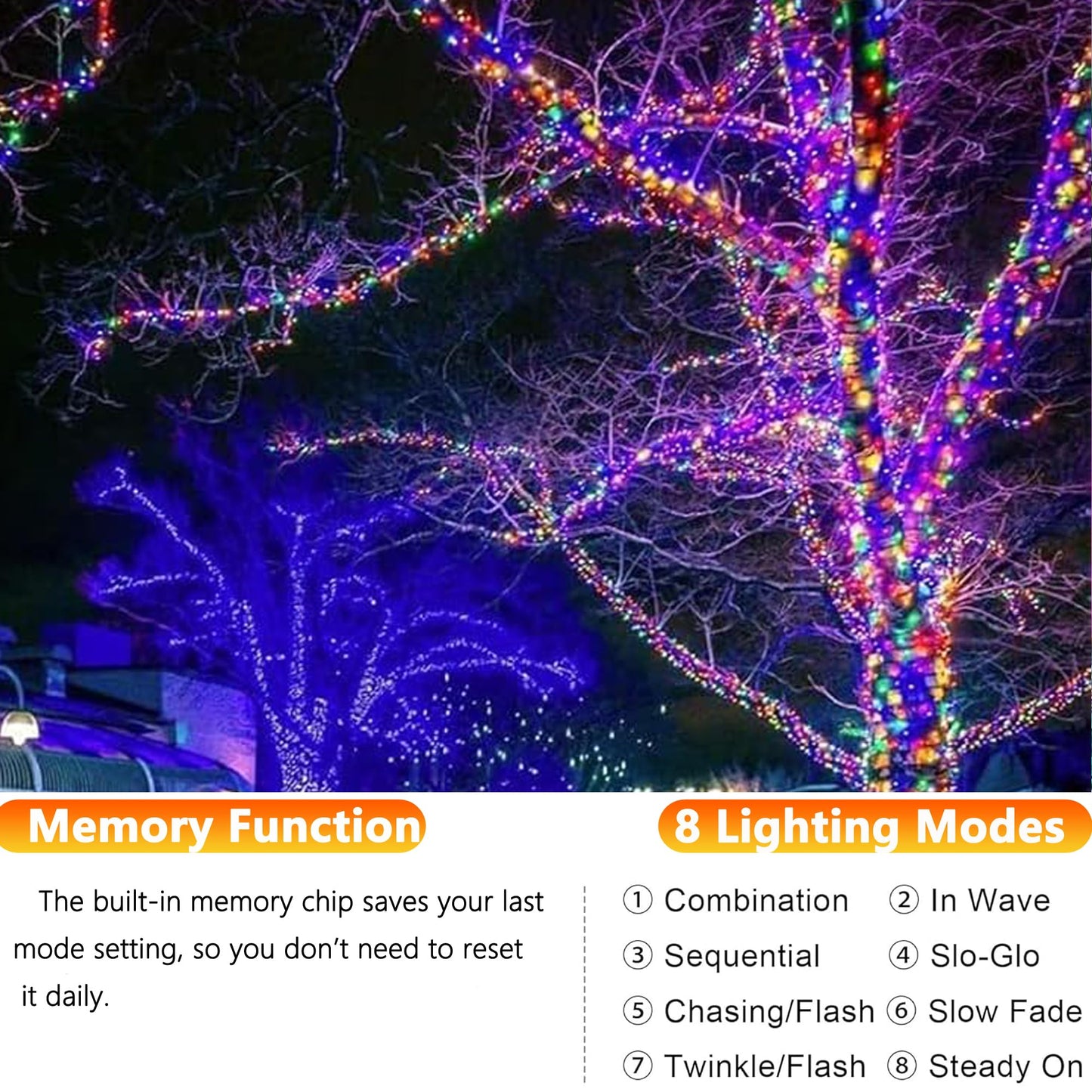 Joomer Solar Fairy Lights, 104FT, 320LED, Waterproof, 8 Lighting Modes, Model SSM0080-S-2V, Multicolor