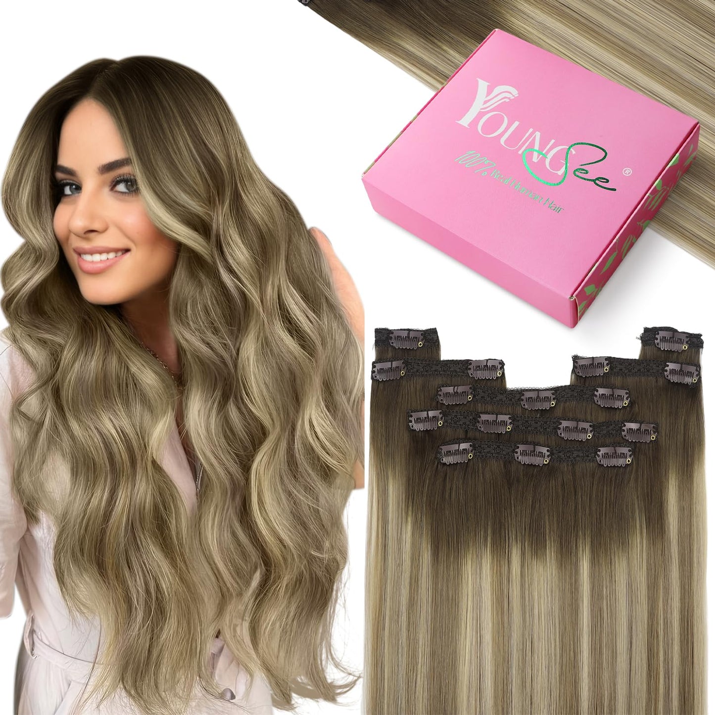 YoungSee Clip in Extensions Brown Ombre Clip in Human Hair Extension Dark Brown Ombre Light Brown with Blonde Hair Extensions 24