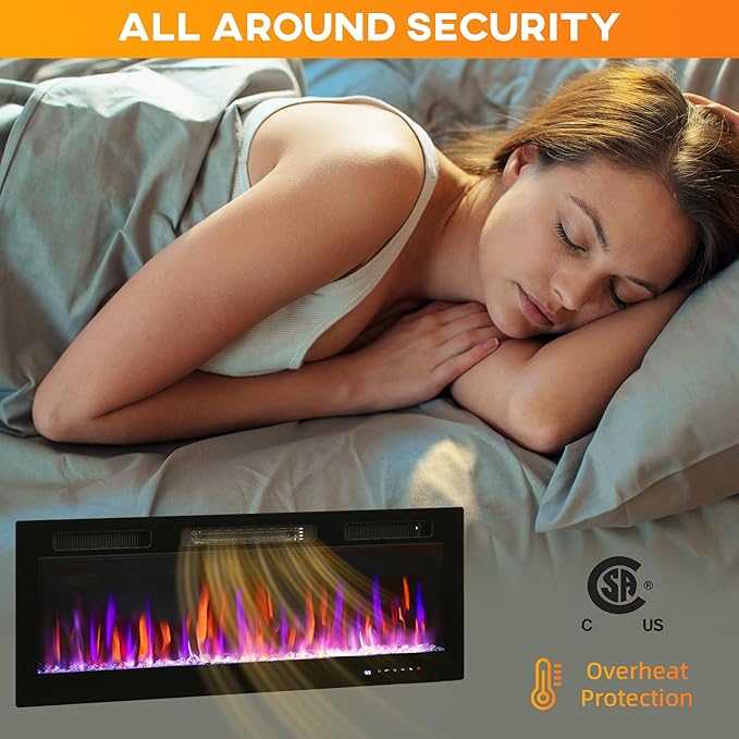 HOMCOM 50" Electric Fireplace Recessed and Wall Mounted with Remote, 750W/ 1500W Ultra-Thin Fireplace Heater and Linear Fireplace with Timer, 12 Color Flame Effect, Crystal, Black