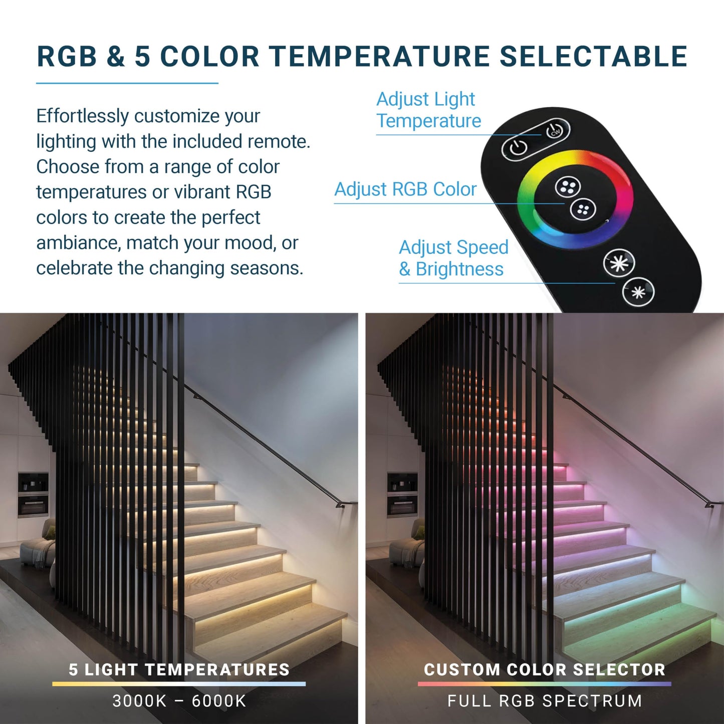 Parmida Motion Sensor LED Stair Lighting Kit, RGB & 5CCT, 24in Aluminum, Remote Control, Dimmable, Model PLED-CSTLS-RGB-MCCT-10