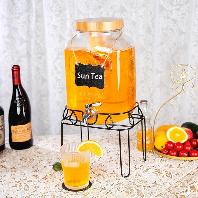 2 Gallon Glass Drink Dispenser with Stand and Bamboo Lid, Lemonade Dispenser with Stainless Steel Spigot, Glass Beverage Dispenser for Parties, Weddings, Kombucha, BBQ