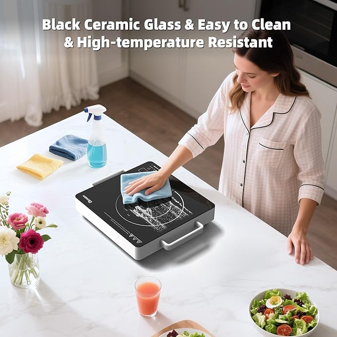 GIONIEN Electric Cooktop 1 Burner 110V, Portable Electric Stove with Handle, Ceramic Countertop Burner, Knob Control, ‌3-hour Timer, Safety Lock,3 Heat Modes,1800W