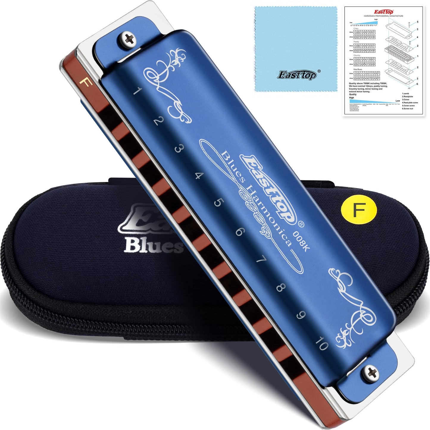 East Top Diatonic Harmonica Key Of F, 10 Holes 20 Tones 008K Diatonic Blues Harp Mouth Organ Harmonica With Blue Case, Standard