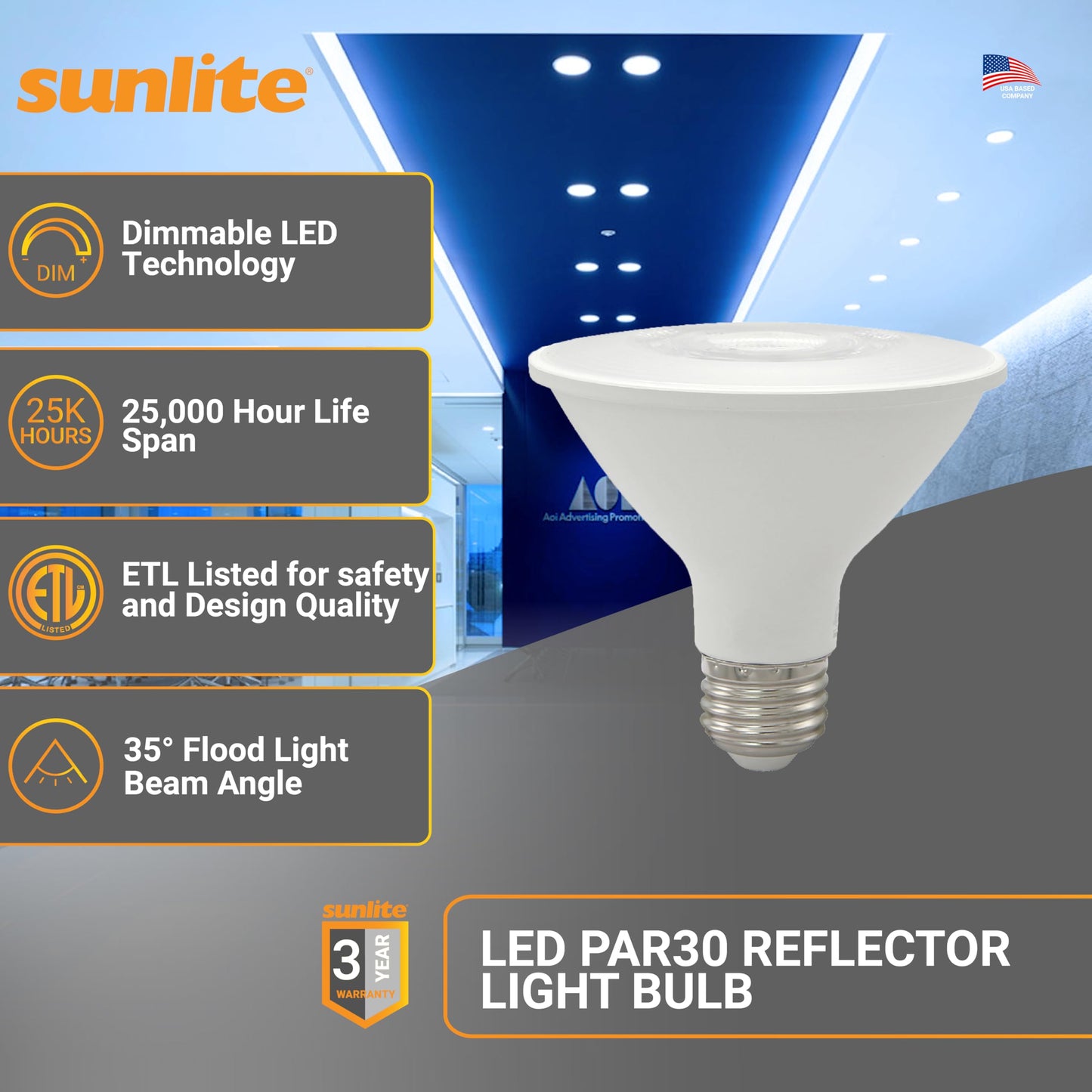 Sunlite Reflector Par30 Led Bulb  Spotlight  9W (75W=)  750 Lmns  Medium E26 Base  90 Cri  Dimmable  Decorative Track Lighting Use  Etl  Title-20 Compliant  Bulk  24 Pack  50K-Daylight