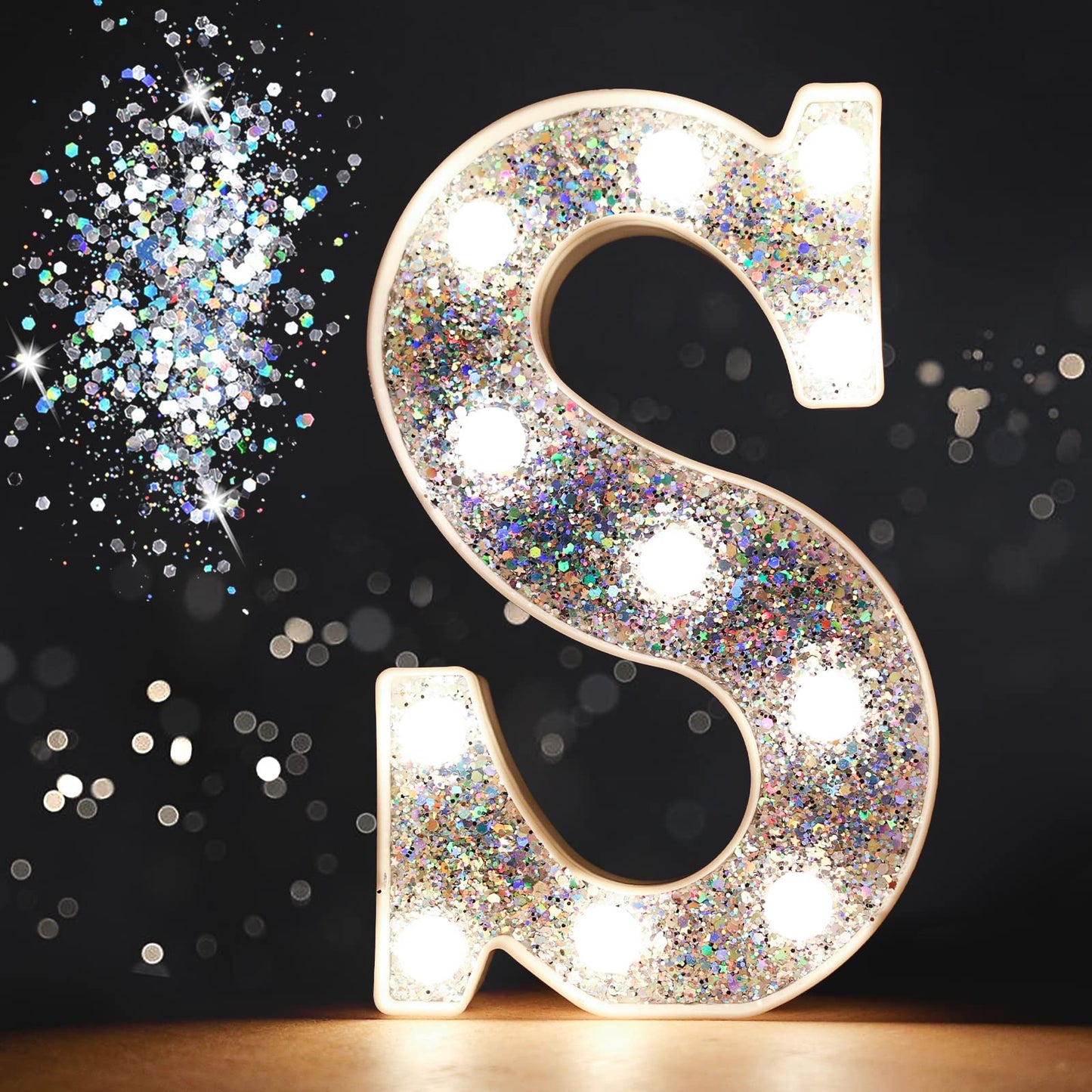 Pooqla LED Marquee Letter Lights, Battery Powered Silver Glitter Sign, Sequin Silver, Perfect for Parties and Decorations