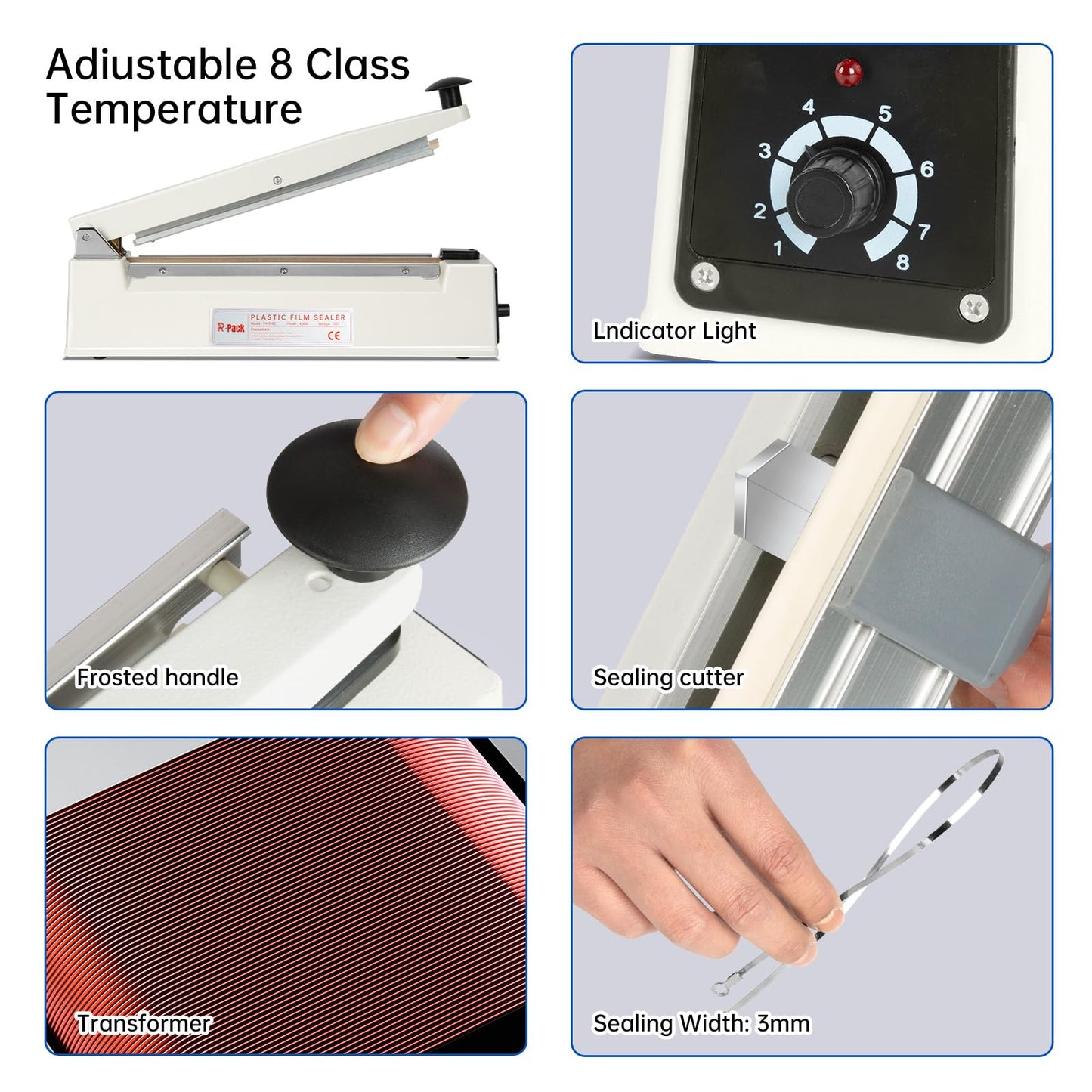 R-PACK Impulse Heat Sealer with Sealing Bar: Heavy-Duty Bag Sealer with Extra Cutting Blade (White, 8-Inch)