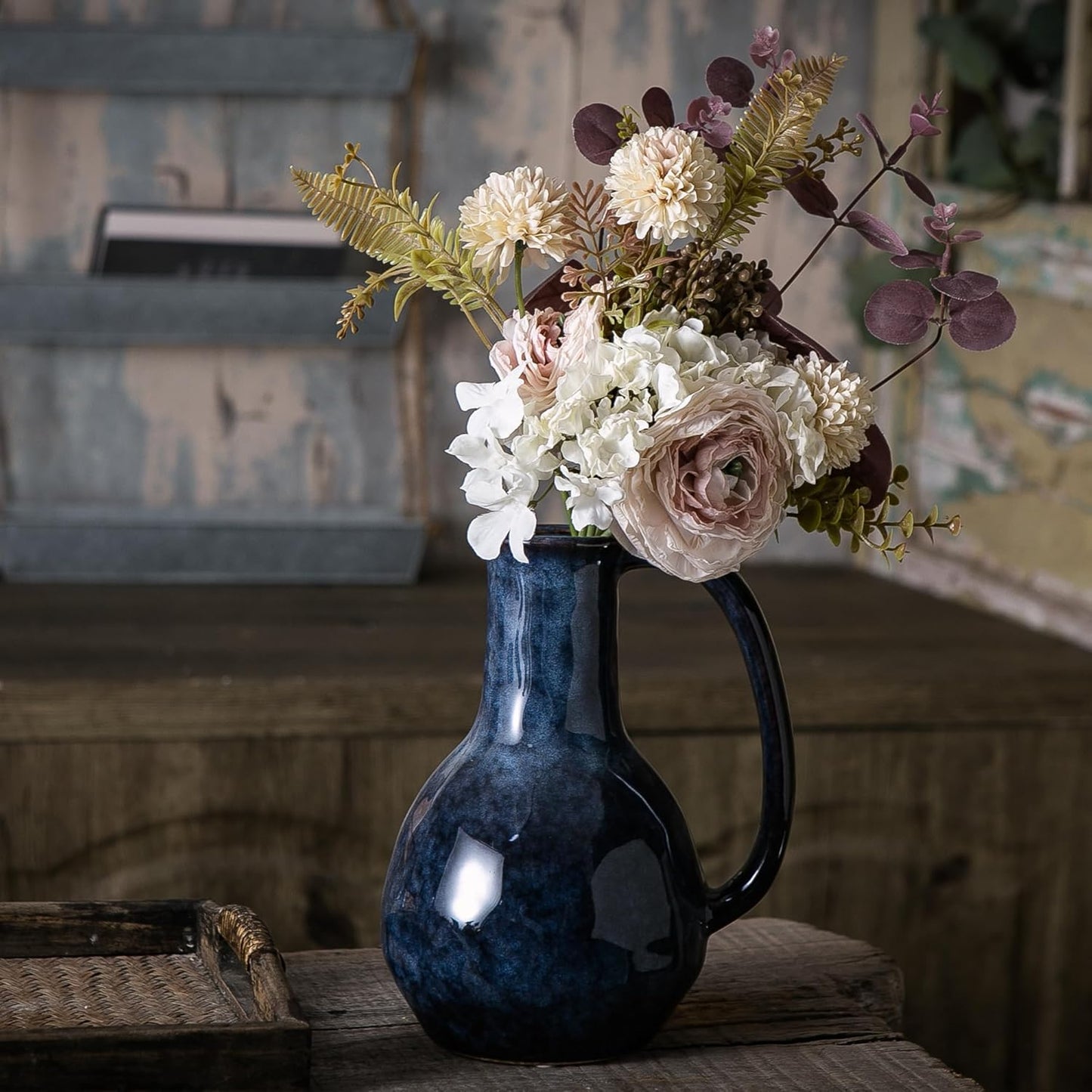 Blue Ceramic Vase with Big Handles, Modern Farmhouse Decor, Rustic Pottery for Flowers, Decorative Terracotta Centerpiece for Dining Table