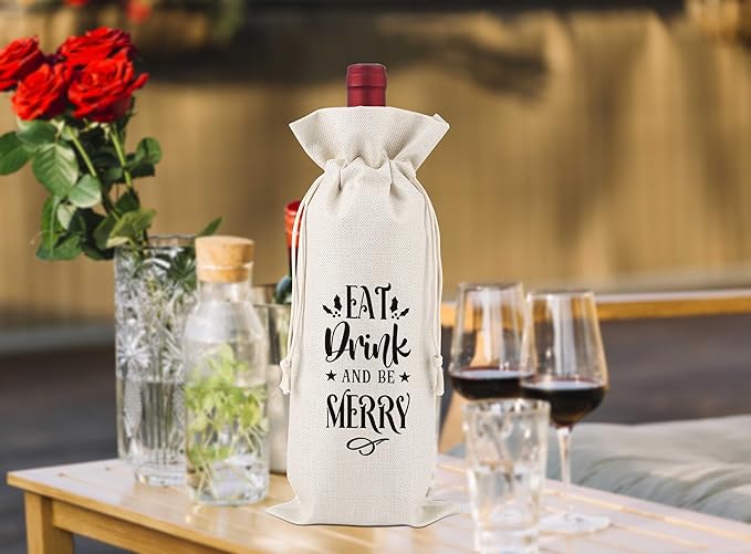 Eat Drink And Be Merry Wine Bag Gifts,Christmas Party Wine Bag,Party Favor Bag,Wine Bag Gift for Friends,Sisters,Besties,Colleagues,Family,Daughters,Sons,Reusable Wine Bag With Drawstring,L49