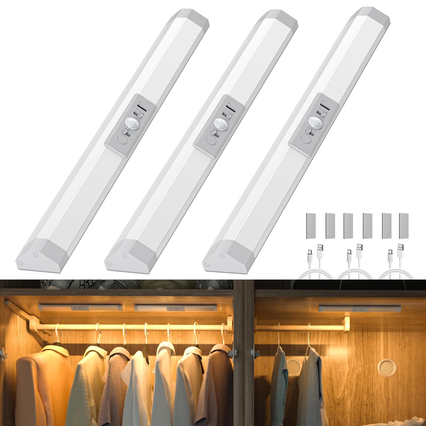 Wobane Closet Lights Motion Sensored With Eye-Protection Rechargeable Led Wardrobe Lighting With 3 Color 12 Inch Dimmable Wireless Battery Operated Light Indoor For Stair Pantry Hallway 900Mah 3Pcs