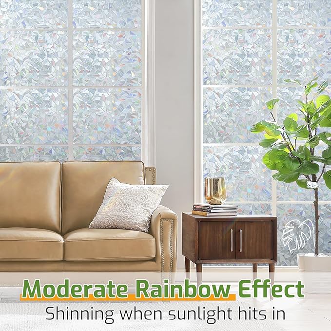LUTE Window Privacy Film, Rainbow Window Flim, 3D Decorative Stained Glass Cling, Non-Adhesive Vinyl Static Cling UV Blocking Heat Control One Way Glass Covering for Home, Silver, 35.4 x 157.4 inches
