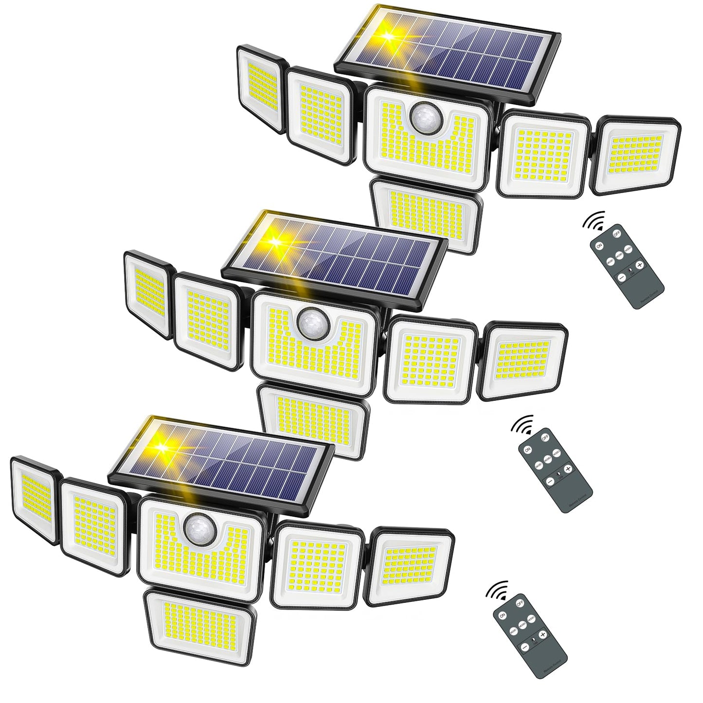 SZPOWER Solar Flood Lights, 3000LM, 6 Heads, Motion Sensor, IP65 Waterproof, 3 Adjustable Brightness, 3 Pack, Black, SZA106-TY