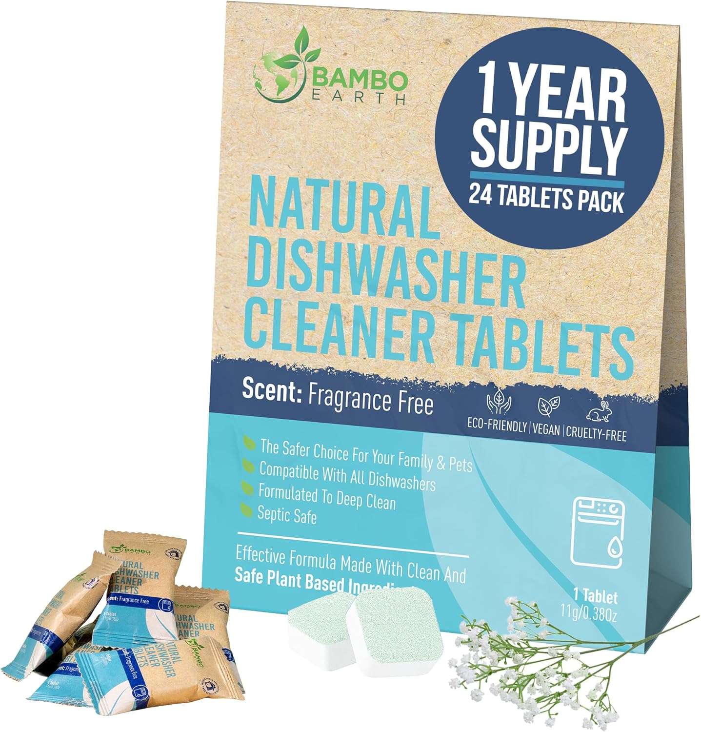 Natural Dishwasher Machine Cleaner Tablets - Plant Based Alternative Refill Dishwashing Detergent Tabs - Eco-Friendly And Plastic Free Way For Clean Dishwasher - 24 Pack Refills Dish Washer Soap Pods