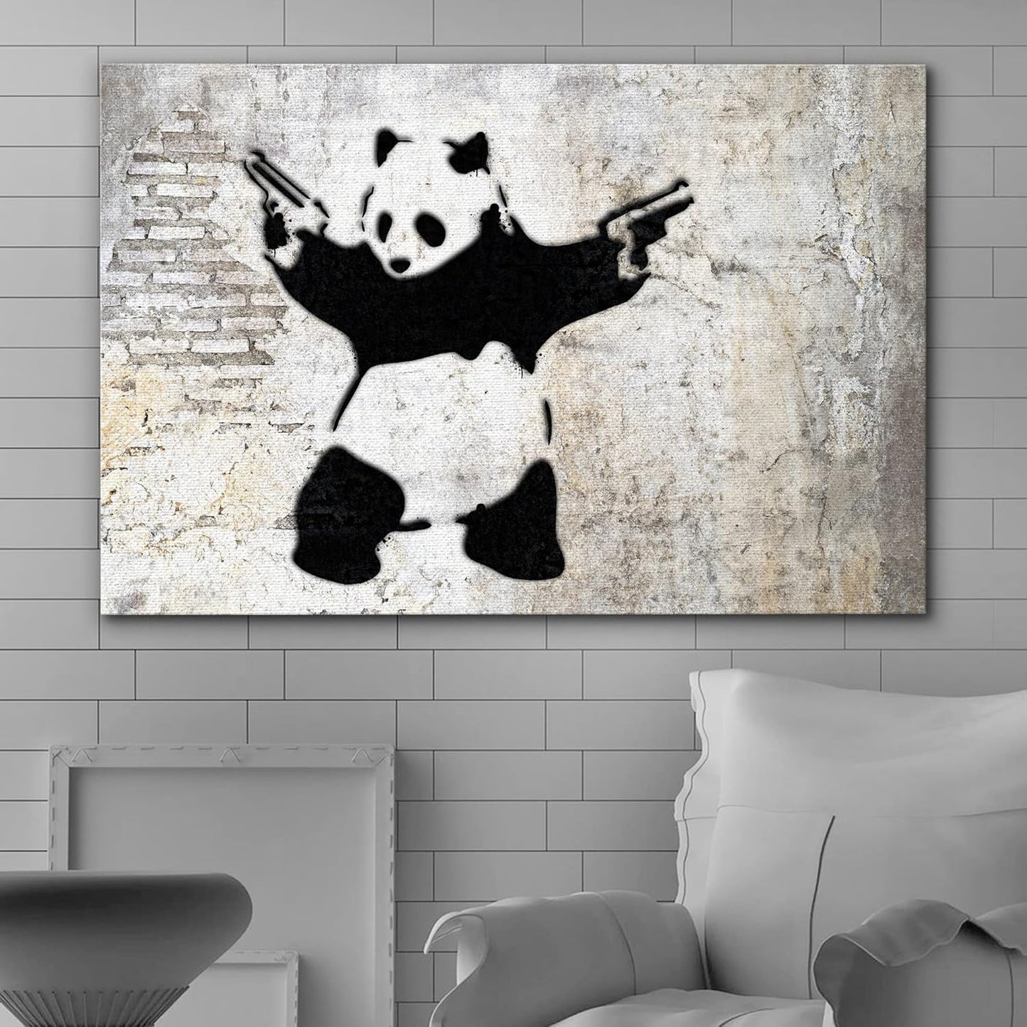 wall26 Canvas Print Wall Art Banksy Panda with Handguns on Wall Cities Animals Digital Art Modern Art Chic Scenic Expressive Dark Black and White for Living Room, Bedroom, Office - 32"x48"