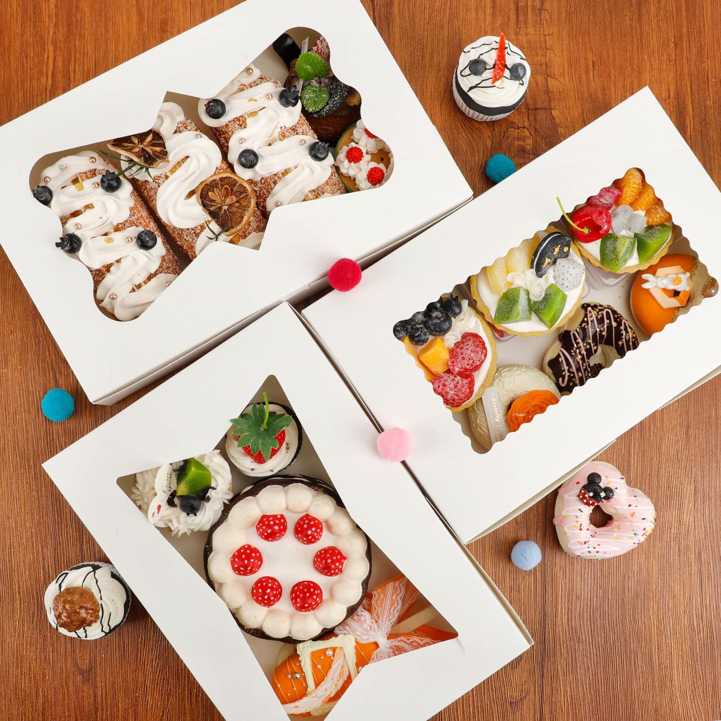 Moretoes 48pcs Bakery Boxes,12x8x2.5 Inches Cookie Boxes with 3 Style Window for Chocolate Covered Strawberries, Desserts, Cookies, with 4pcs Stickers