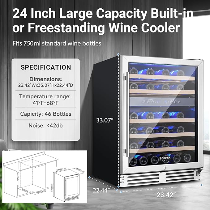 BODEGA 24 Inch Wine Cooler Refrigerator, 46 Bottle Dual Zone Wine Fridge with Double-Layer Tempered Glass Door,wine refrigerator with Temperature Memory Function, Built-in or Freestanding wine cooler.